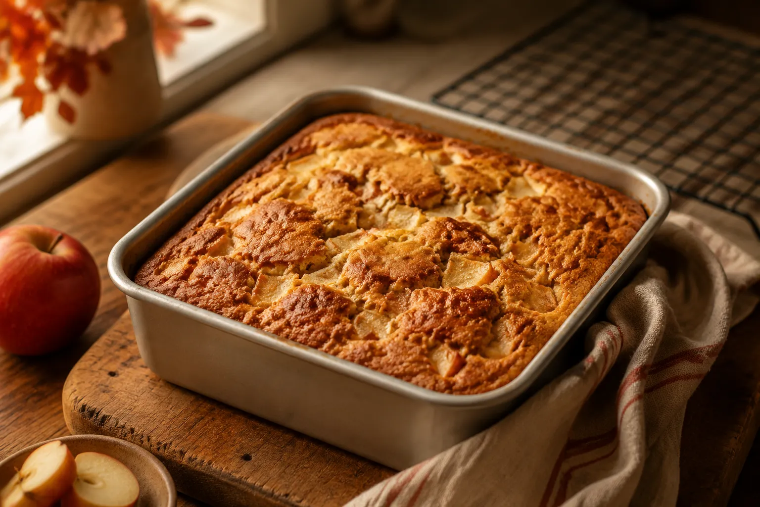 Freshly baked moist apple cake in a square pan