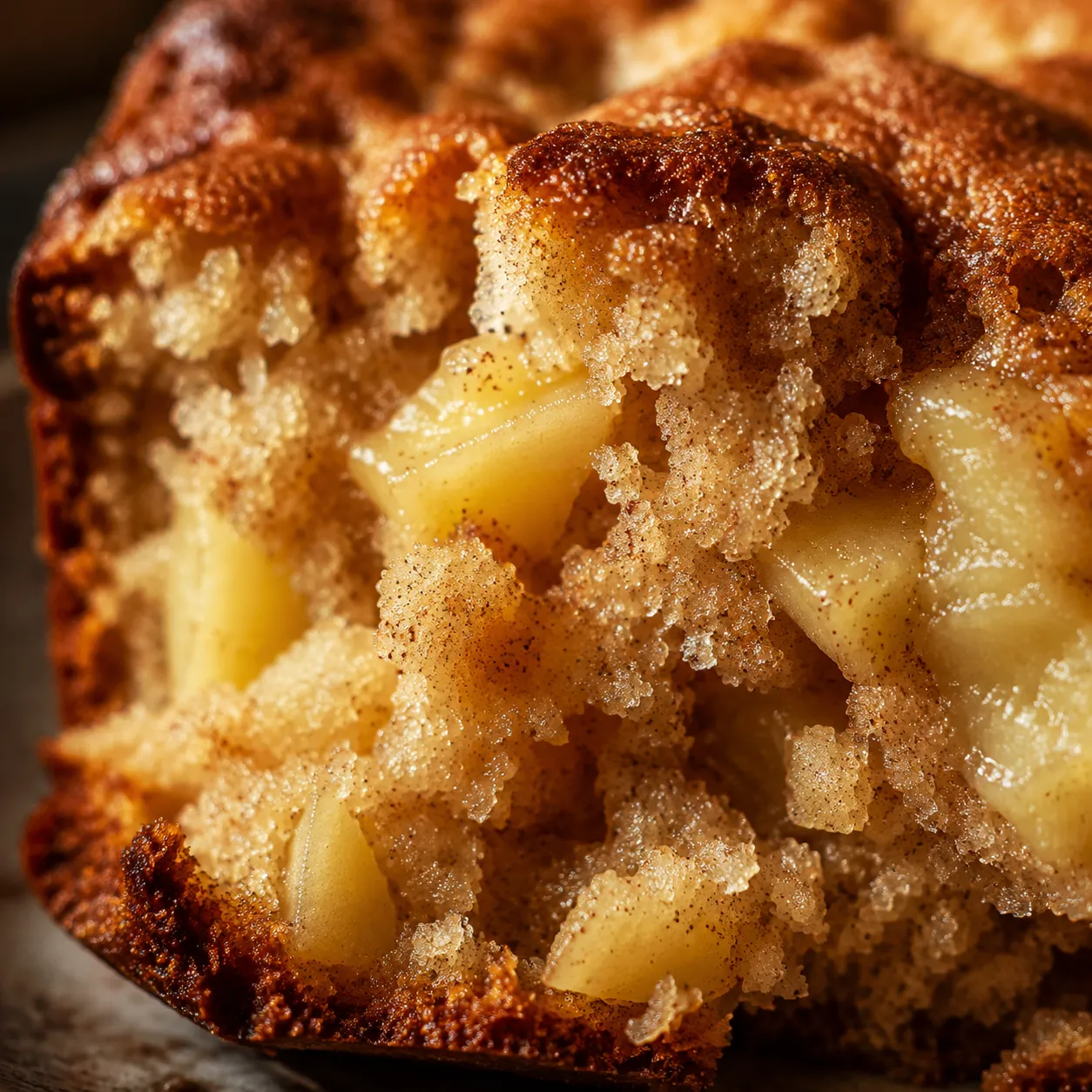 Close-up of moist apple cake crumb with fresh apple chunks