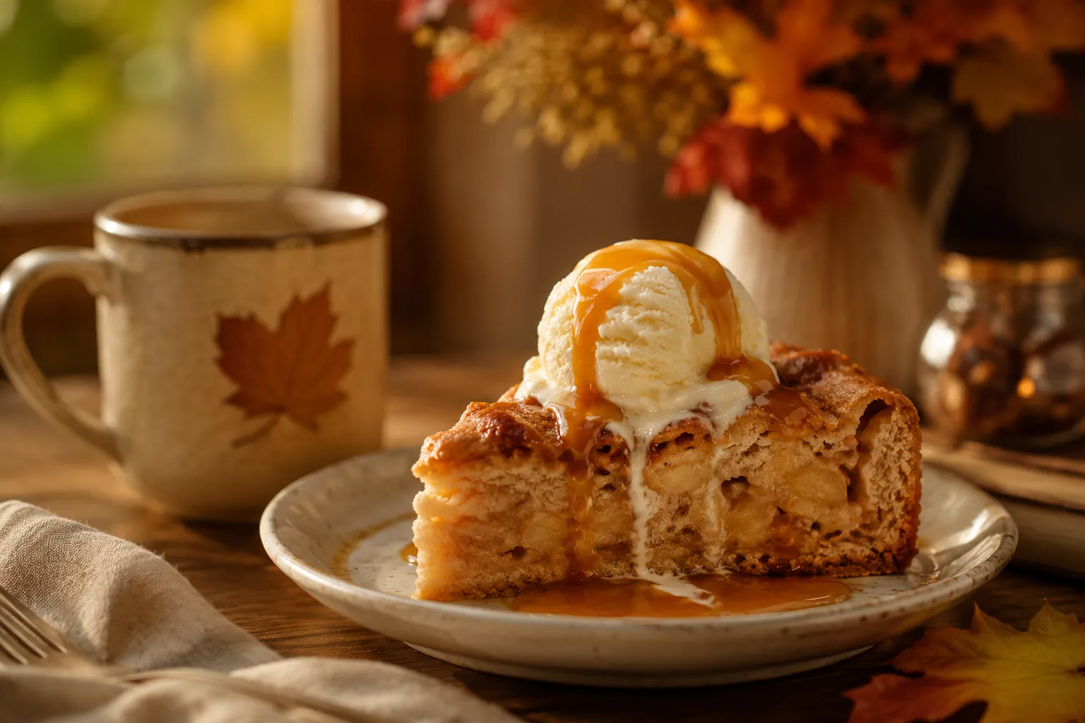 Apple cake served with vanilla ice cream and caramel drizzle