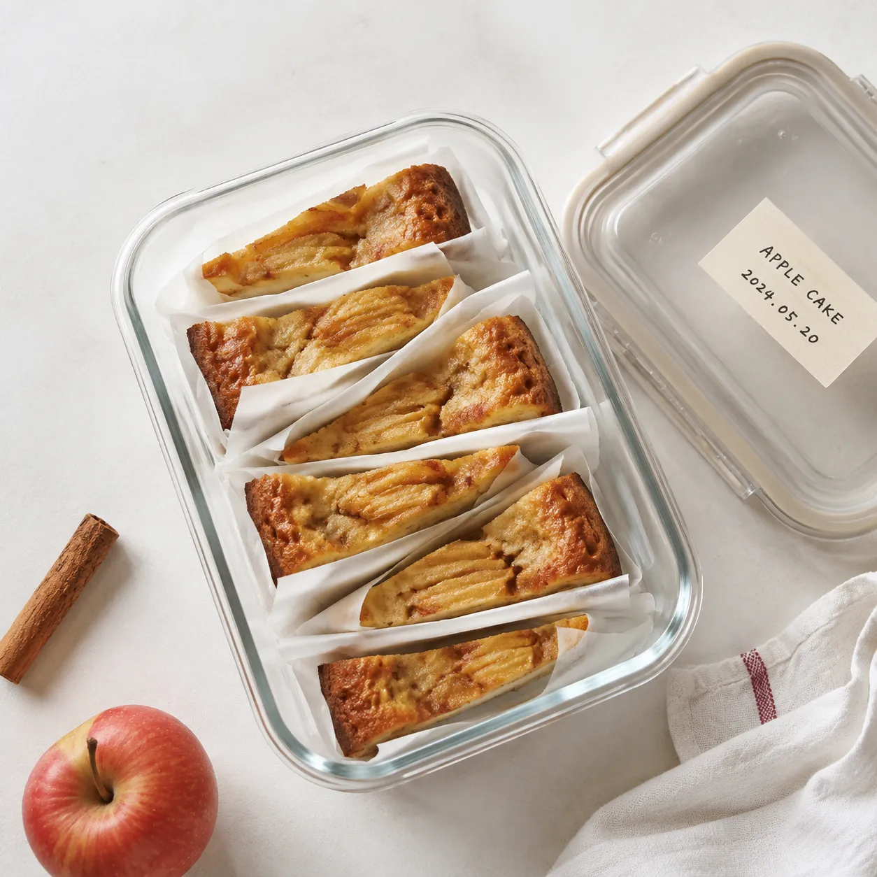 Storing apple cake slices in parchment for freezing
