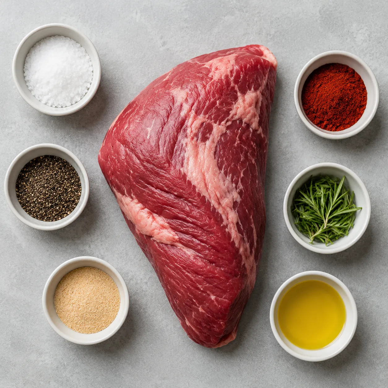 Ingredients for tri tip recipe including raw roast, kosher salt, pepper, garlic powder, and paprika