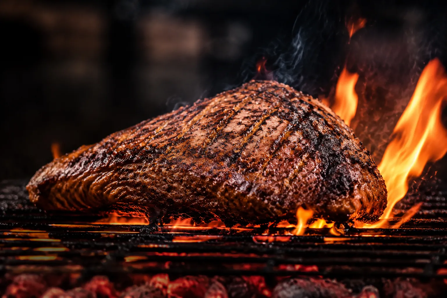 Tri tip roast searing on a hot grill with flames and char marks forming
