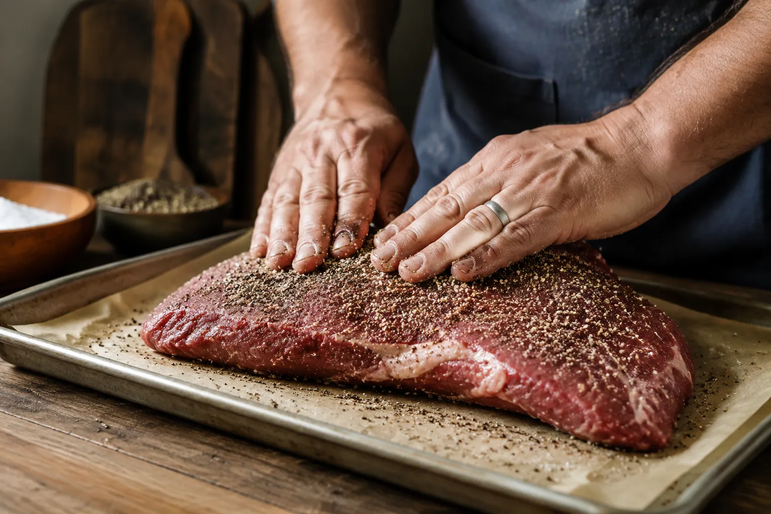 Seasoning a raw tri tip roast with Santa Maria-style dry rub before grilling