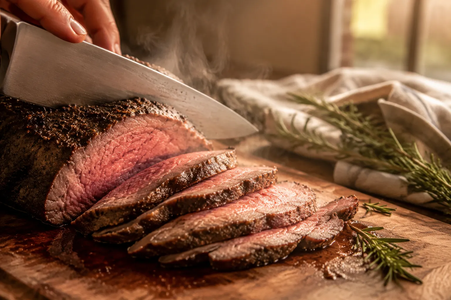 Slicing tri tip against the grain into thin tender pieces on a wooden cutting board