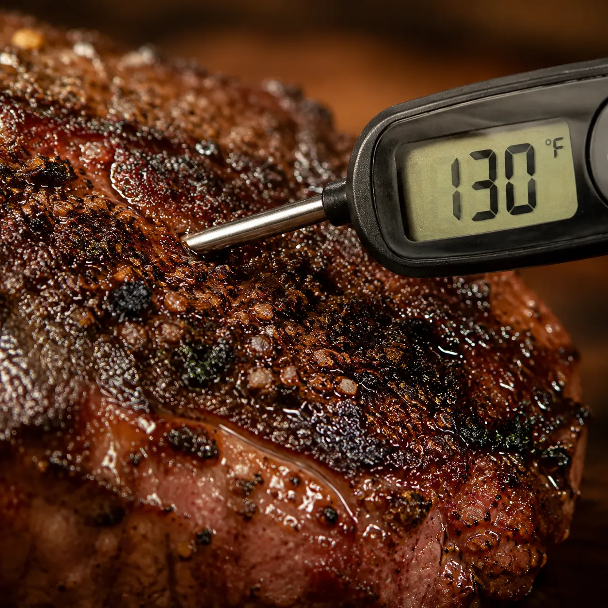 Meat thermometer reading 130 degrees in a tri tip roast for perfect medium-rare doneness
