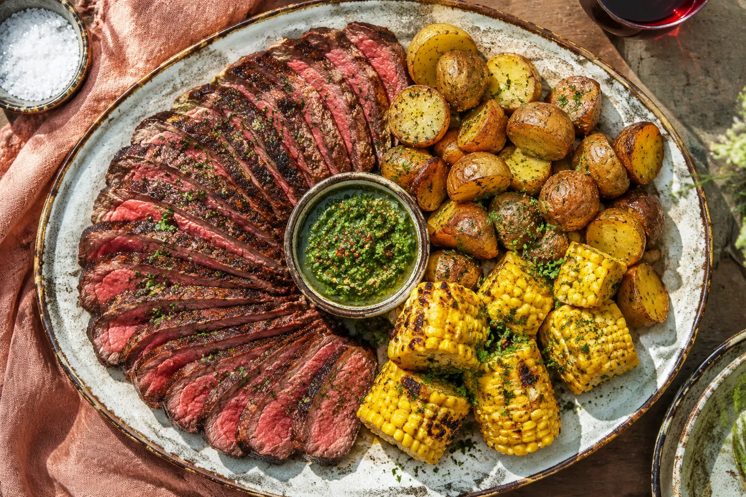 Plated tri tip recipe served with roasted potatoes, charred corn, and chimichurri sauce