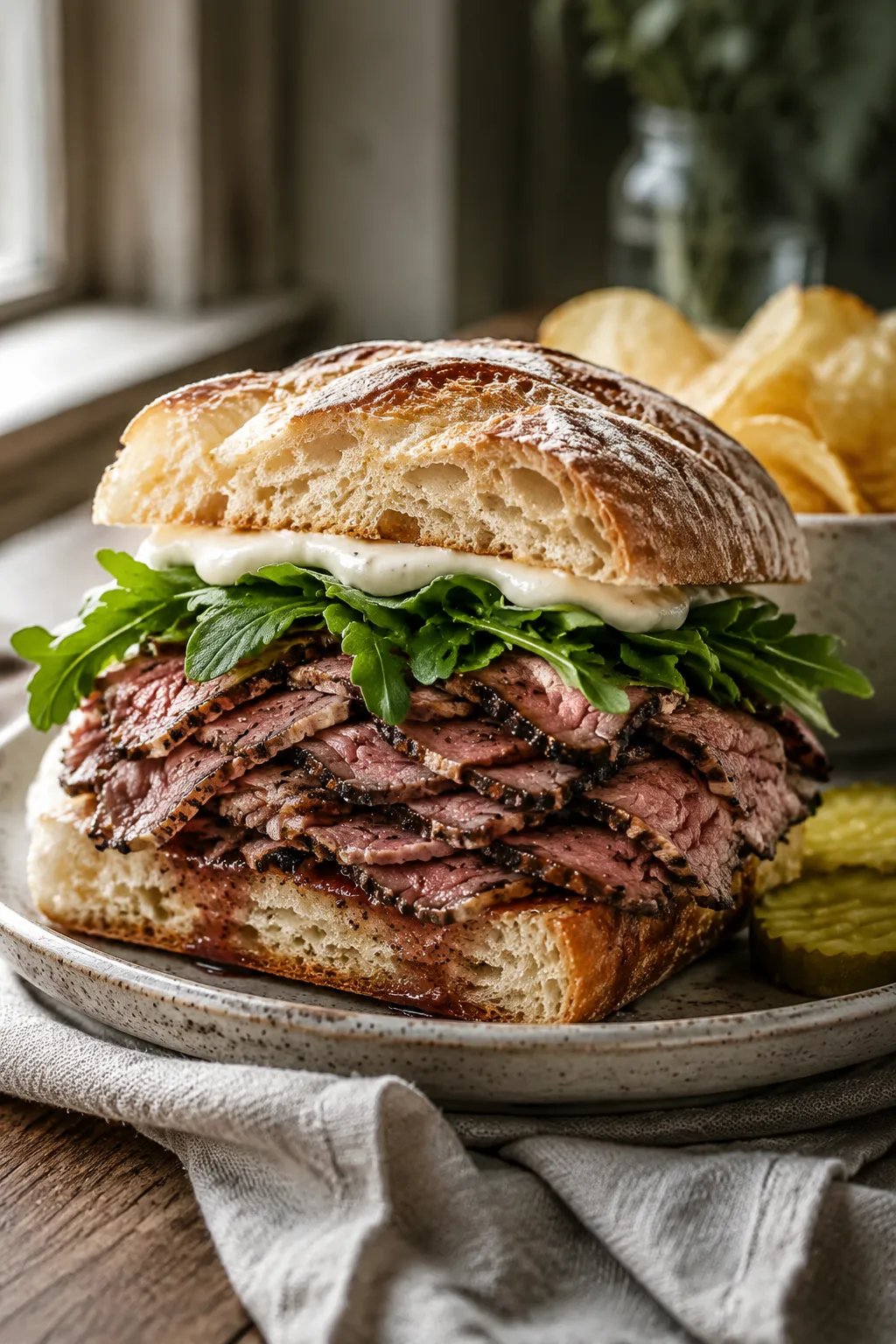 Tri tip sandwich on toasted ciabatta with arugula and horseradish cream for leftovers