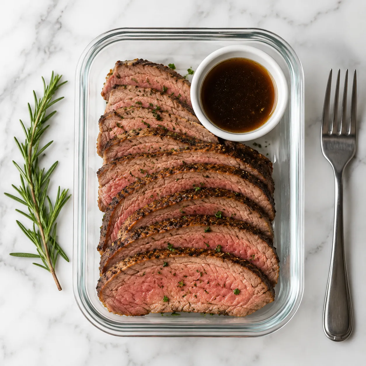 Sliced tri tip stored in a glass container with pan jus for easy reheating and storage