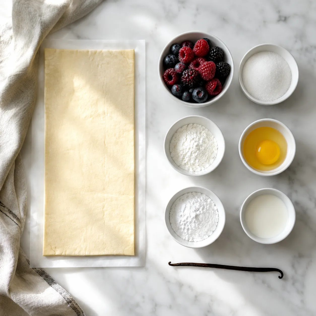 Toaster strudel ingredients flatlay including puff pastry and berries