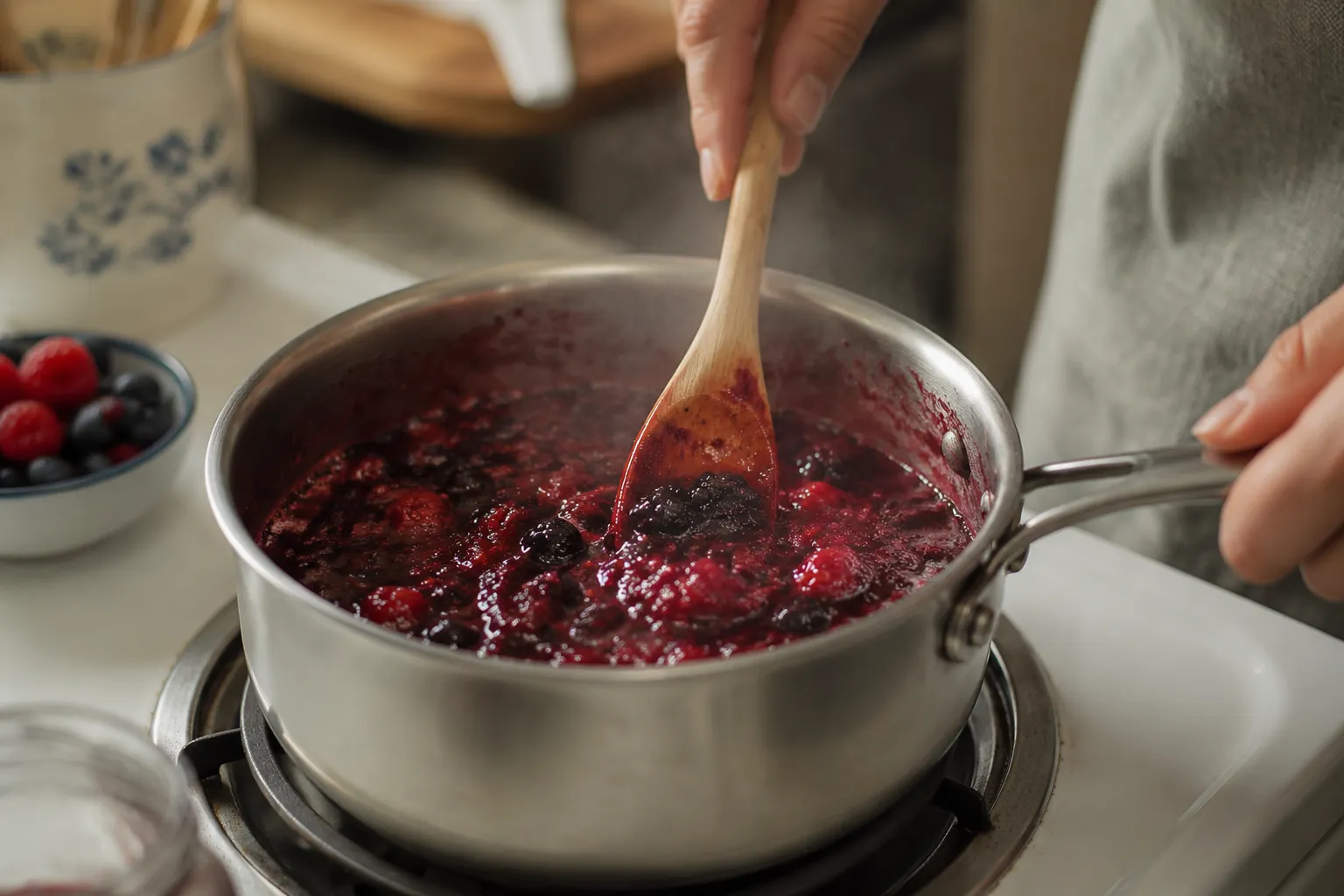 Cooking homemade berry filling for toaster strudel on the stove