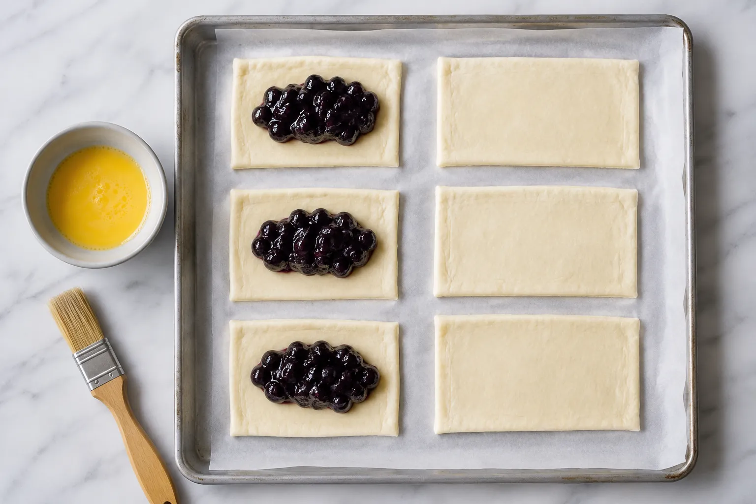 Assembling homemade toaster strudels with berry filling on parchment