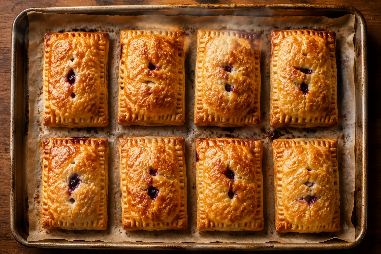 Freshly baked homemade toaster strudels on a sheet pan