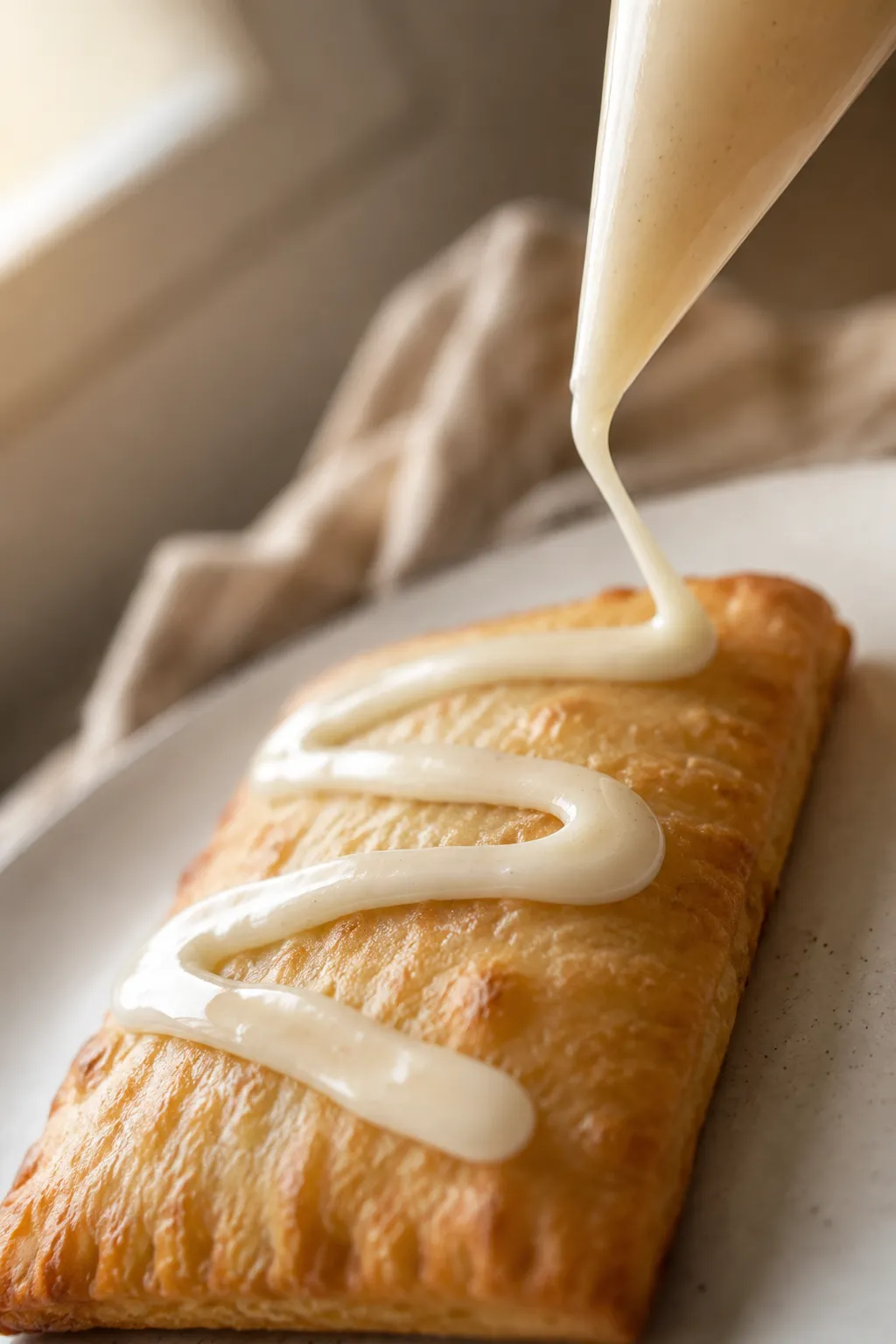 Drizzling vanilla icing over a homemade toaster strudel