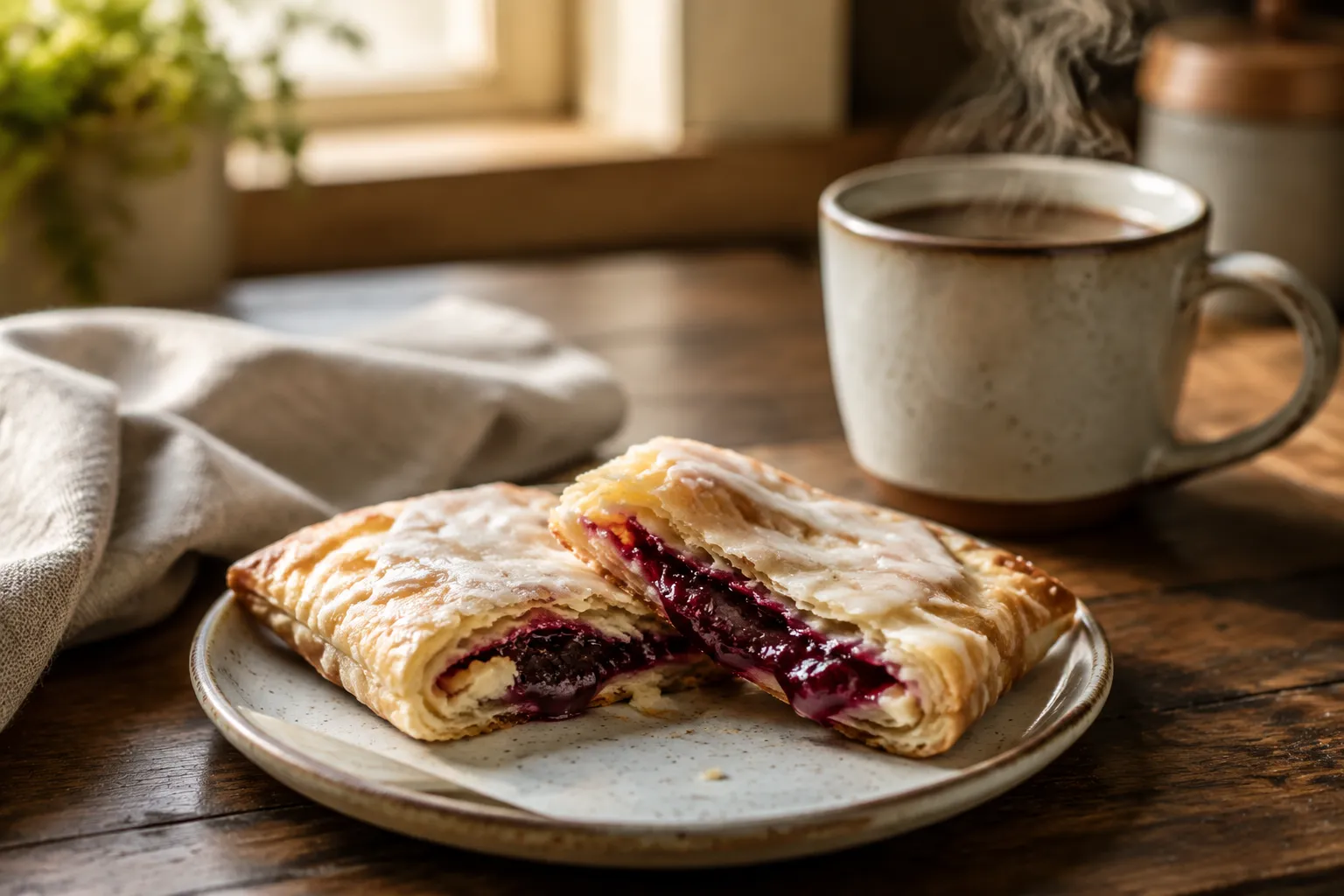 Toaster strudel torn open with berry filling served with coffee