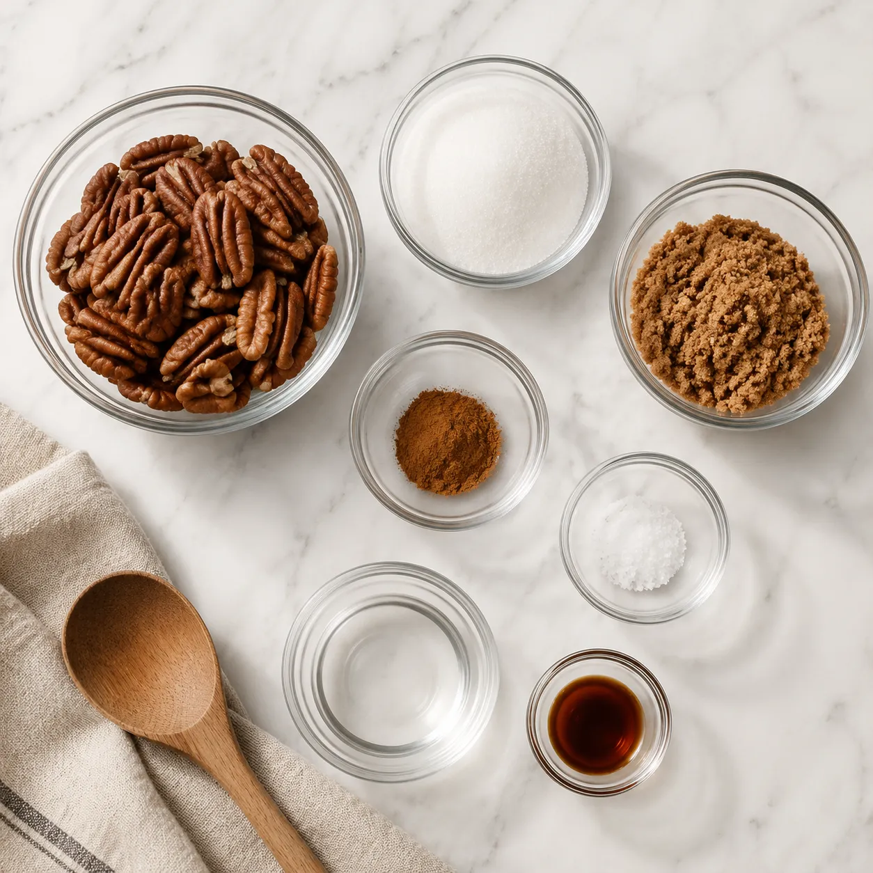 Ingredients for candied pecans recipe measured in small bowls overhead
