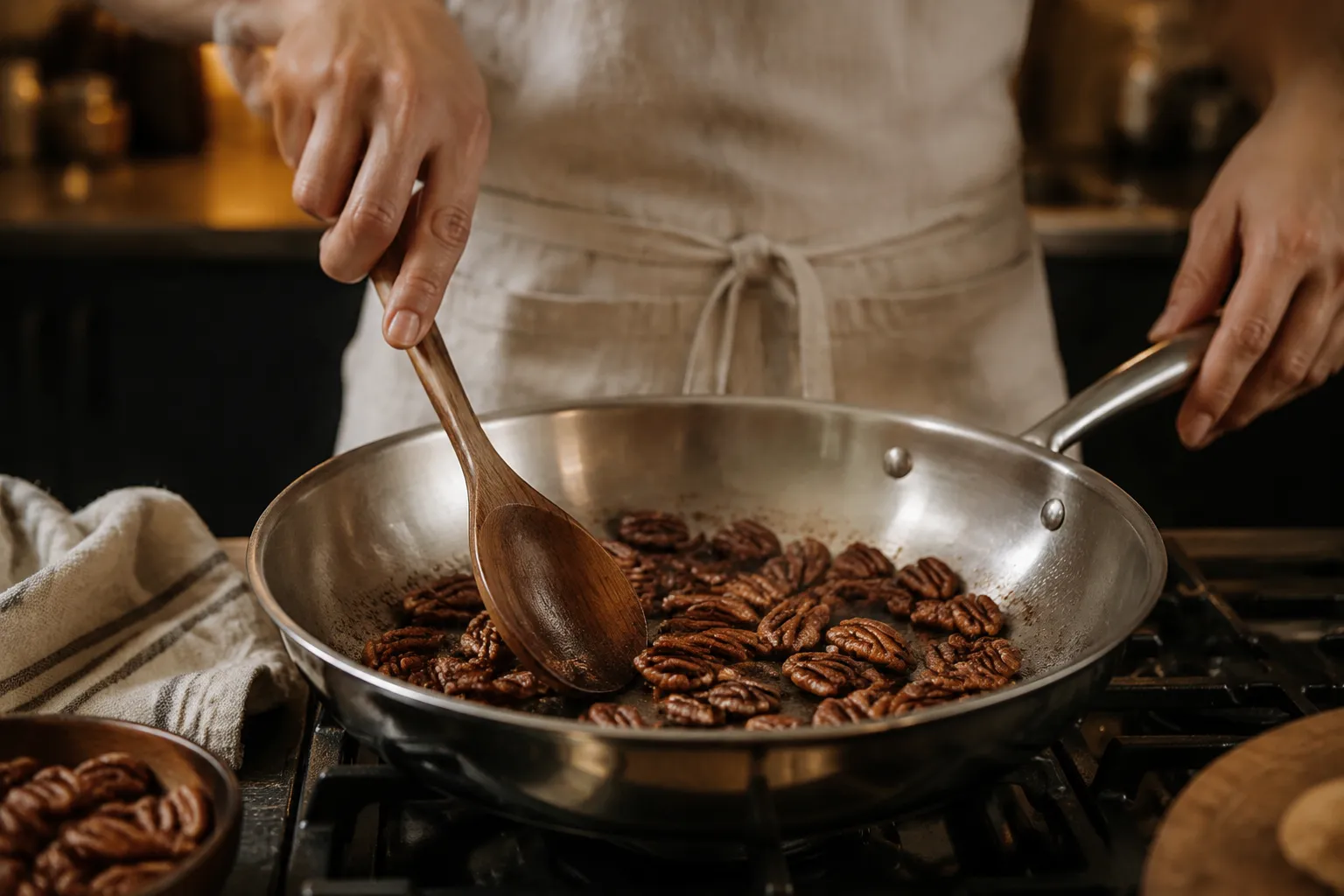 Toasting pecan halves in a skillet for candied pecans