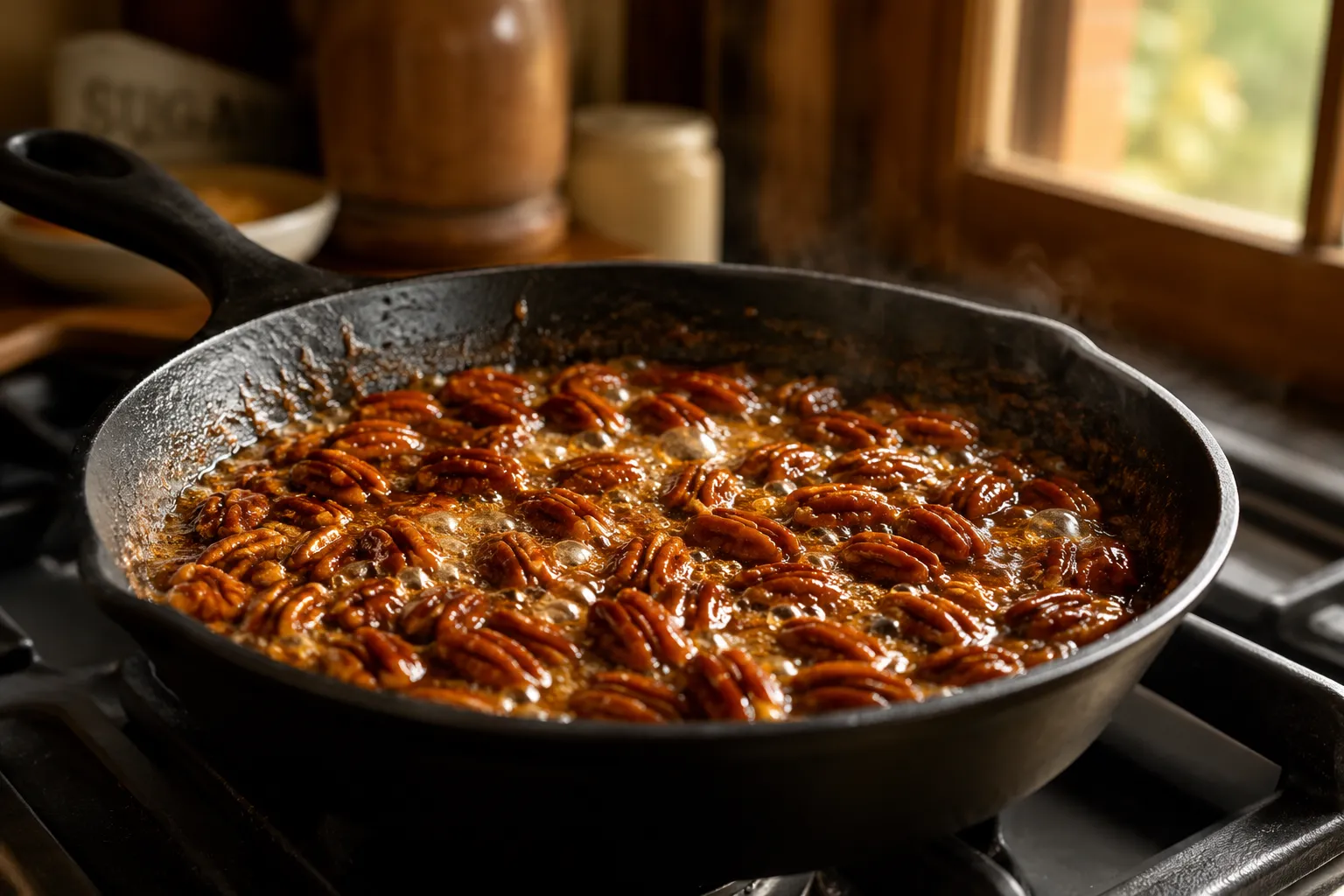 Cinnamon sugar coating bubbling around pecans in a skillet