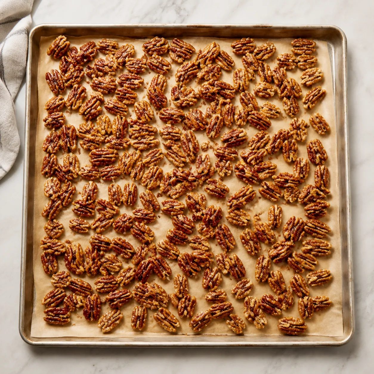 Candied pecans cooling on parchment paper after stovetop coating