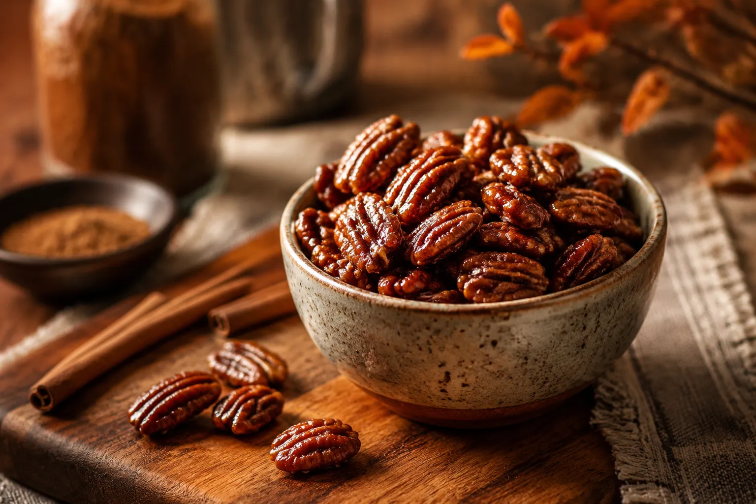 Finished candied pecans in a stoneware bowl on a wood board