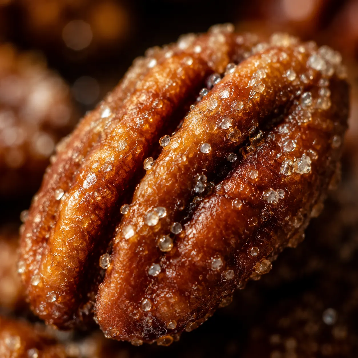 Macro close-up of a sugar coated candied pecan