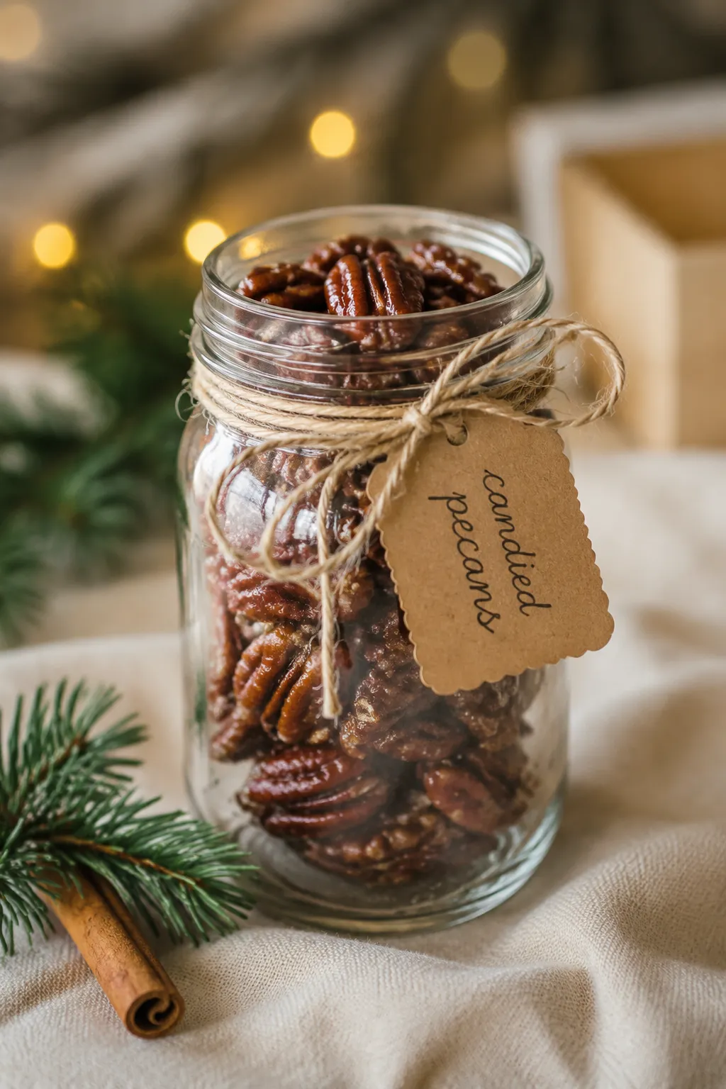 Candied pecans packaged in a mason jar as a holiday food gift