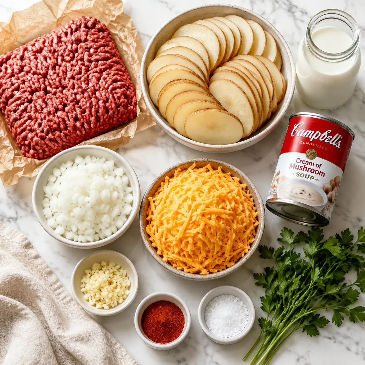 Hamburger casserole ingredients flatlay with ground beef, russet potatoes, cheddar, and onion
