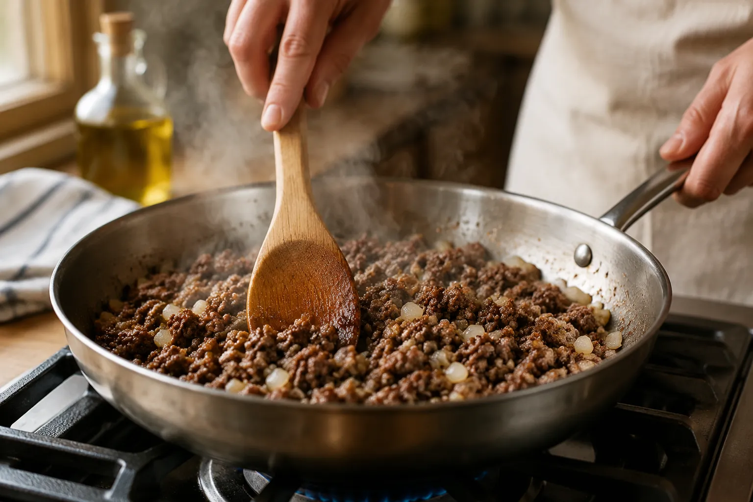 Browning ground beef and onions in a skillet for hamburger casserole