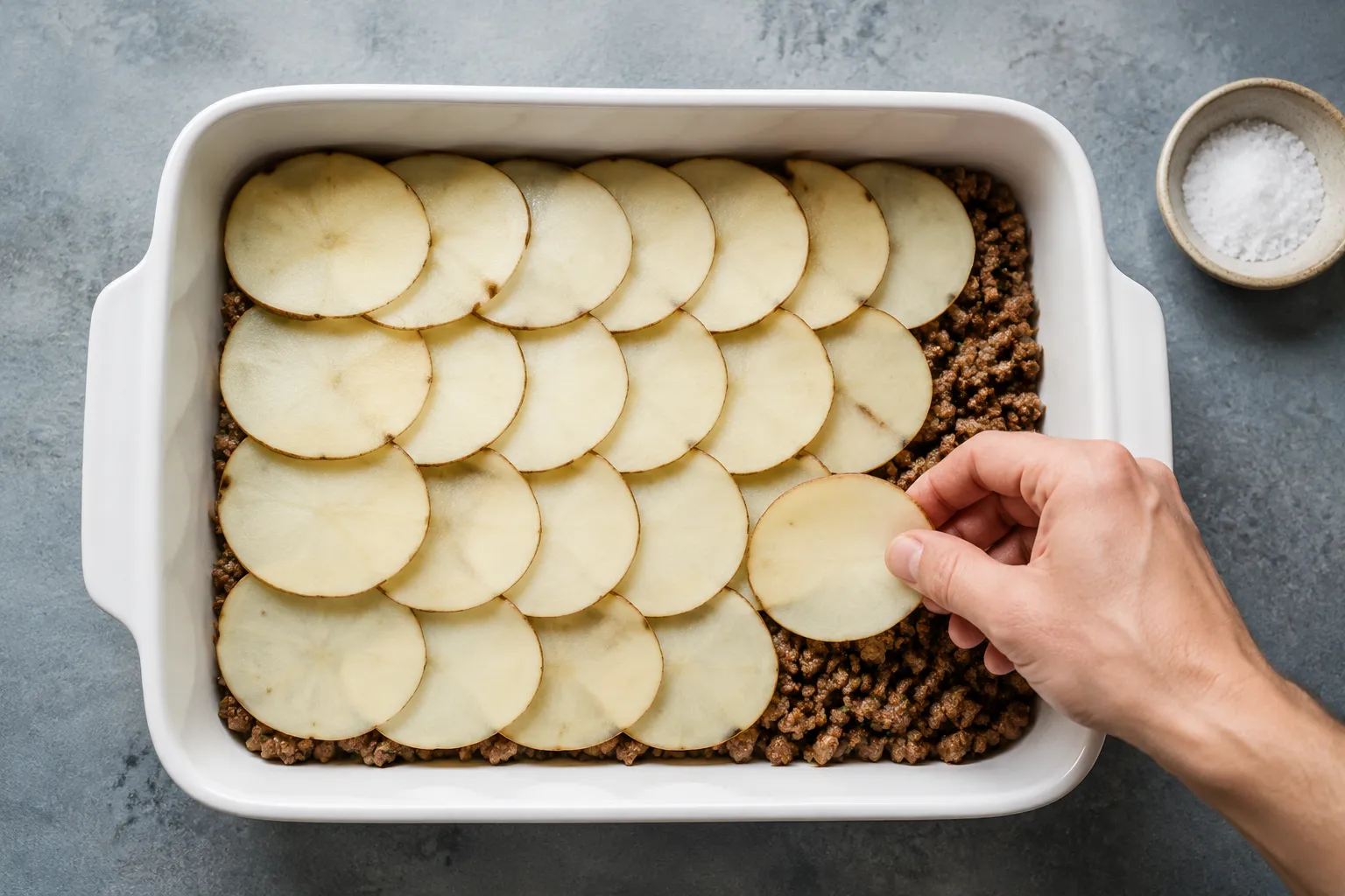 Layering sliced potatoes over ground beef for hamburger potato casserole