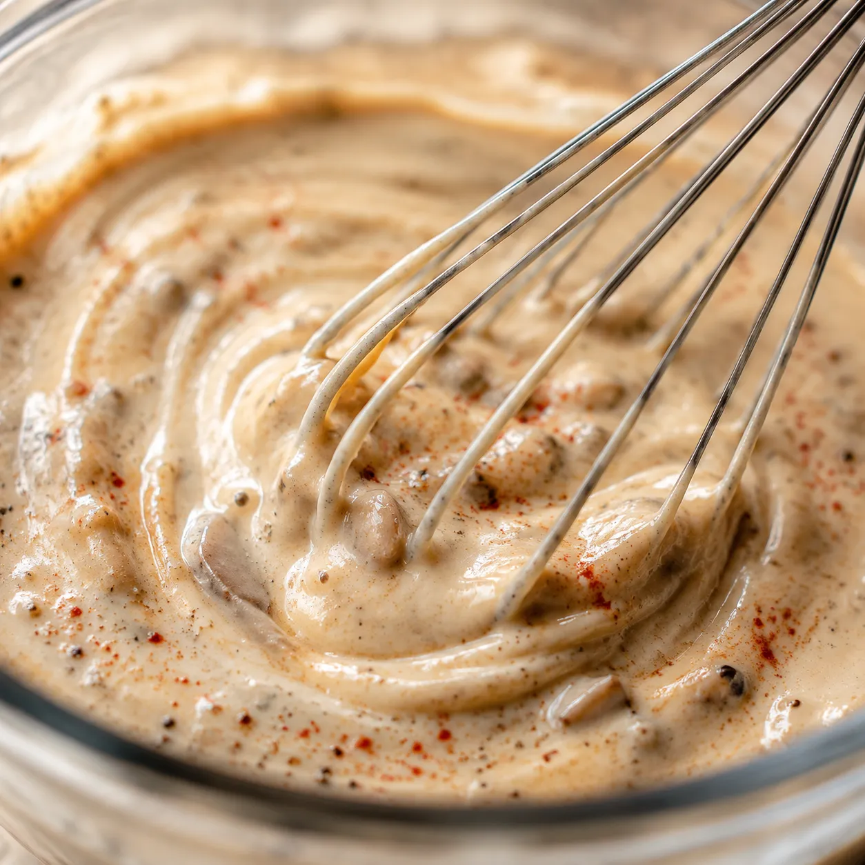 Whisking creamy sauce for hamburger casserole recipe