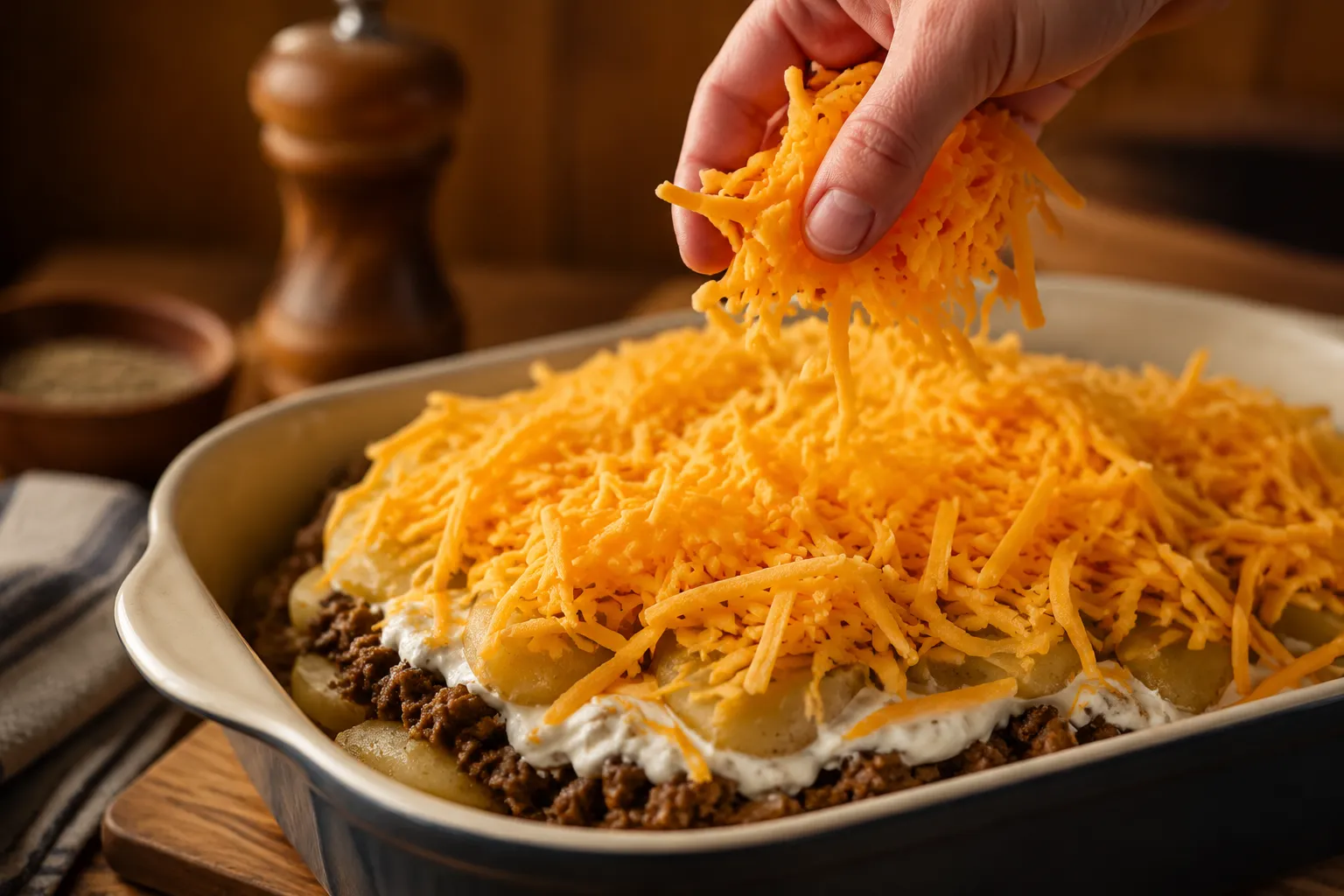 Sprinkling shredded cheddar over hamburger casserole before baking