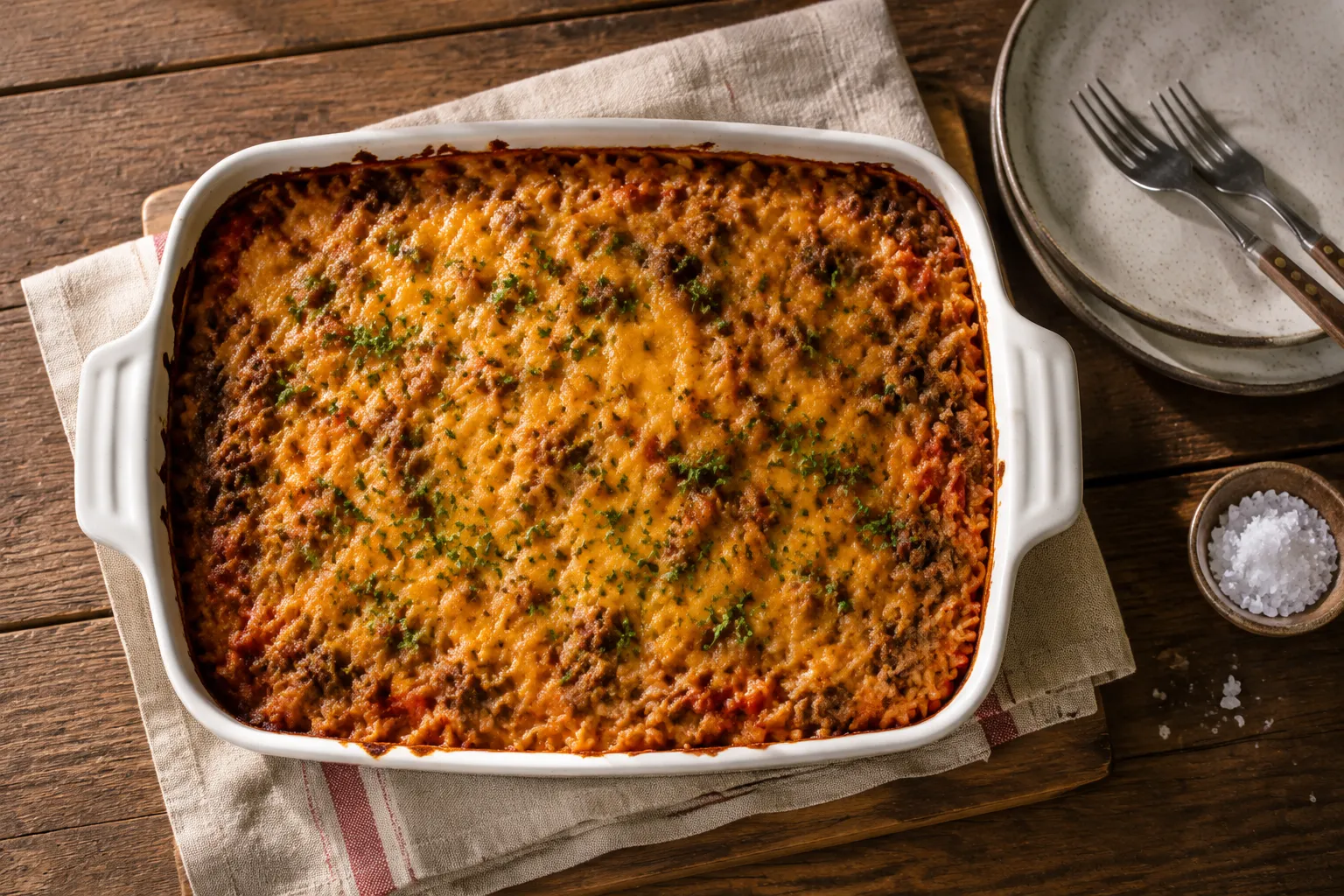 Finished hamburger casserole with golden cheddar and parsley overhead