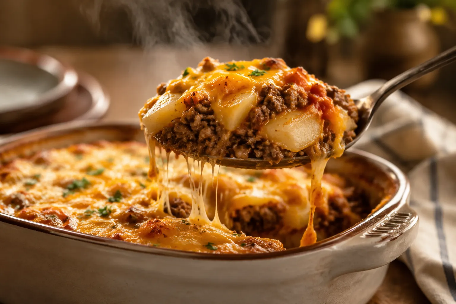 Serving spoonful of hamburger casserole with cheese pull and tender potatoes