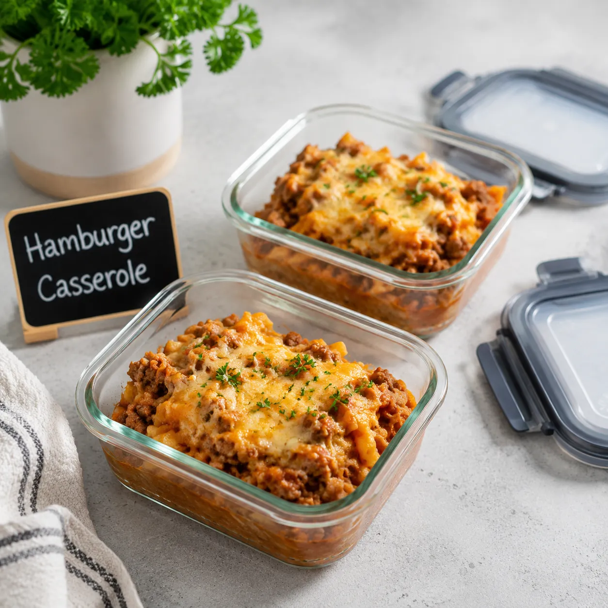 Hamburger casserole leftovers stored in glass meal-prep containers