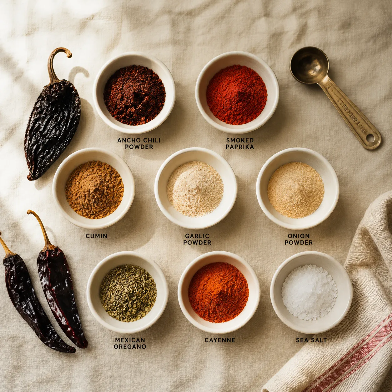 Ingredients for homemade chili powder taco seasoning in small white bowls