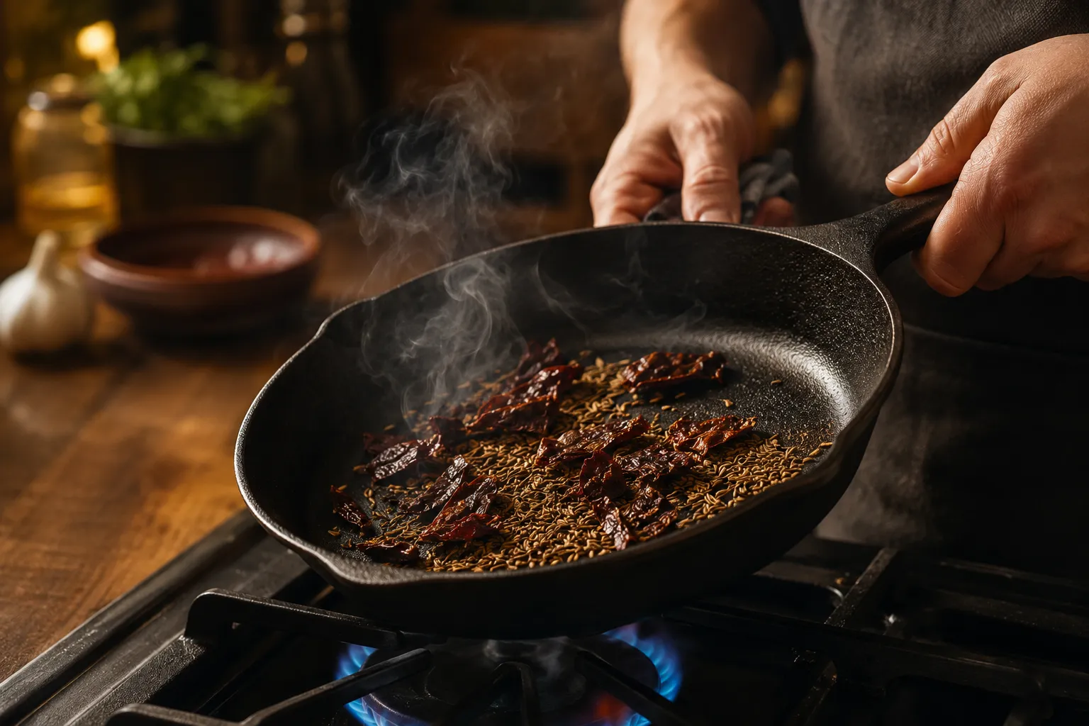 Toasting cumin seeds and dried chilies for homemade chili powder