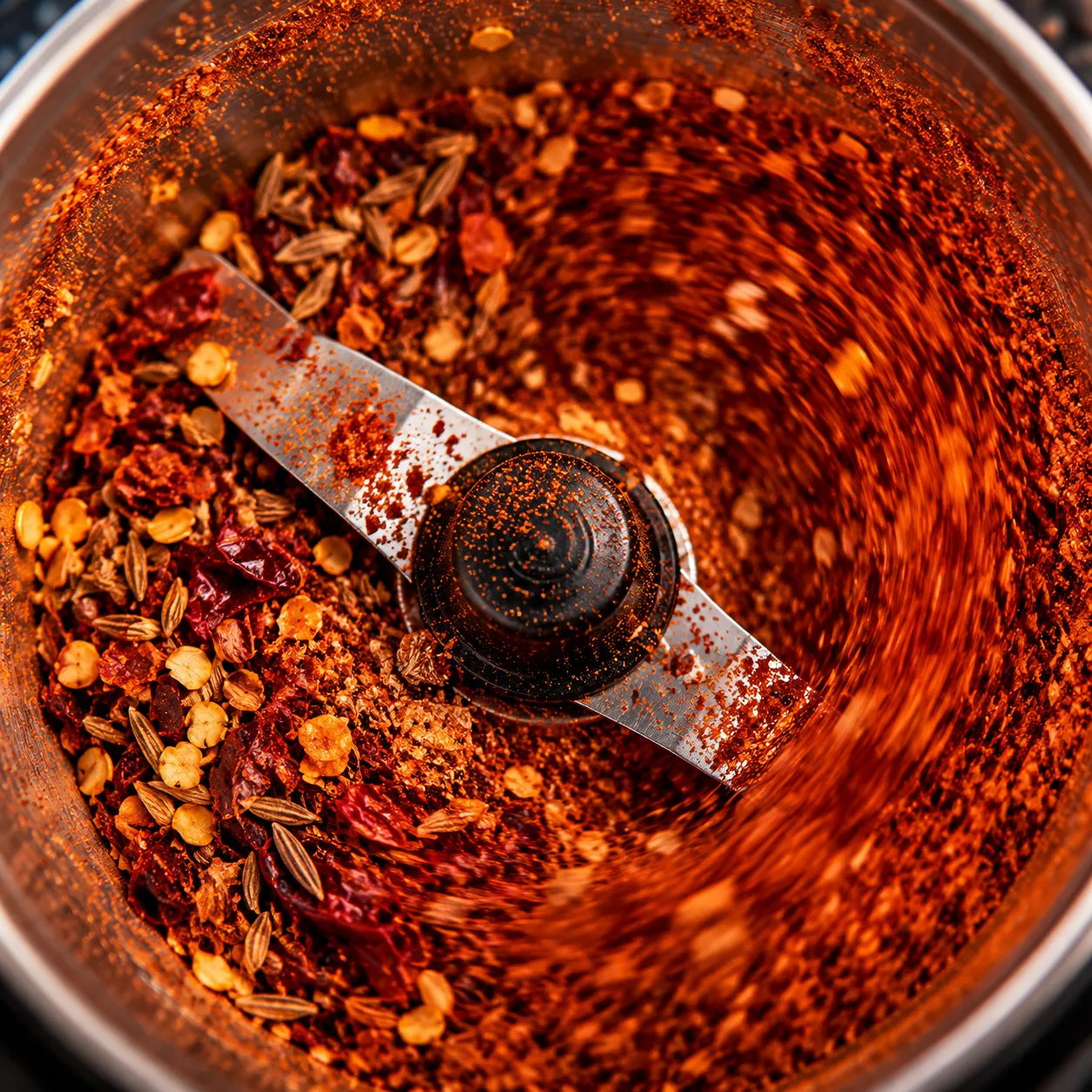 Grinding toasted spices into fresh chili powder for tacos