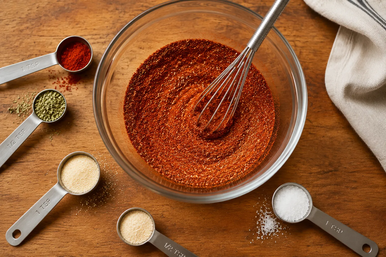 Mixing chili powder with spices to make homemade taco seasoning