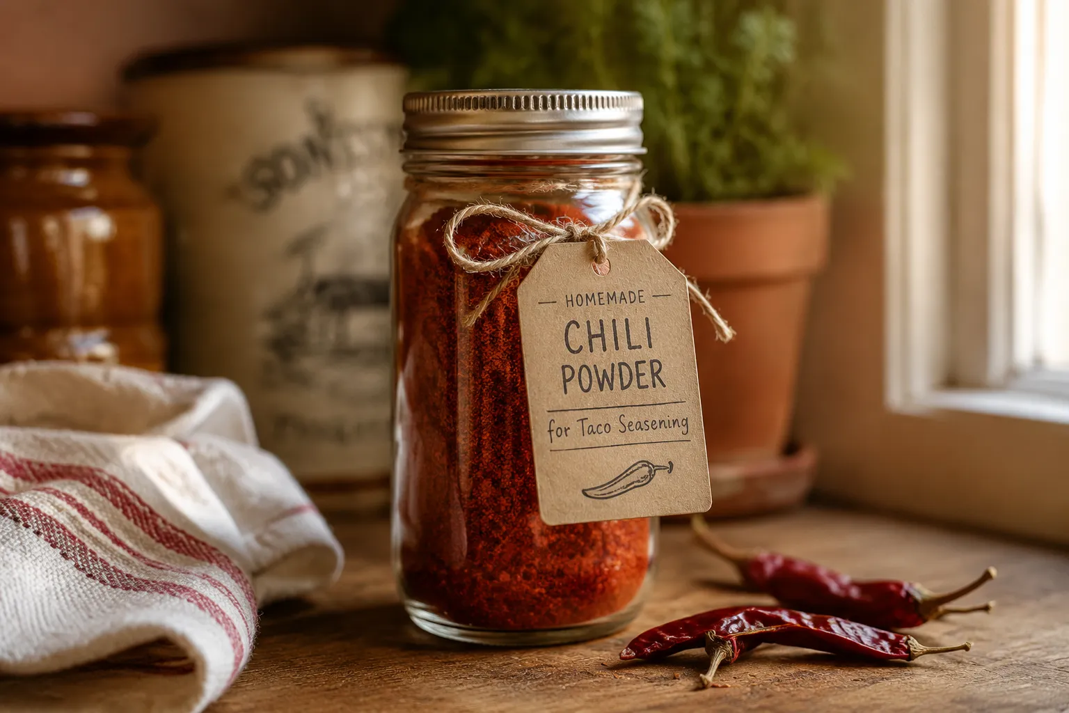 Finished jar of homemade chili powder for taco seasoning
