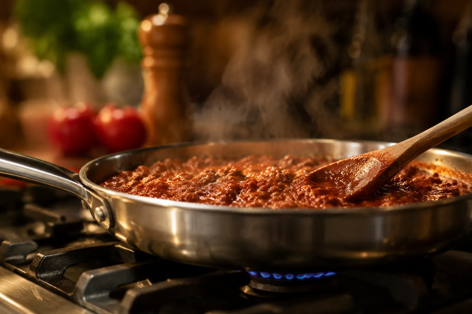 Taco meat simmering with homemade chili powder taco seasoning