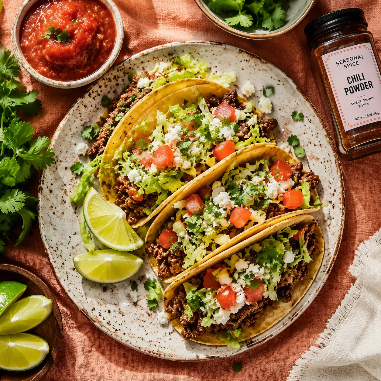 Tacos seasoned with homemade chili powder served with lime and cilantro