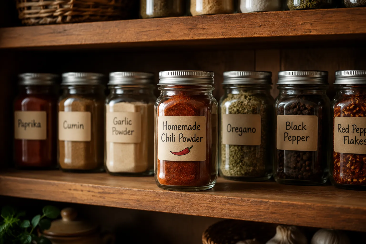 Storing homemade chili powder in a labeled glass jar on a pantry shelf
