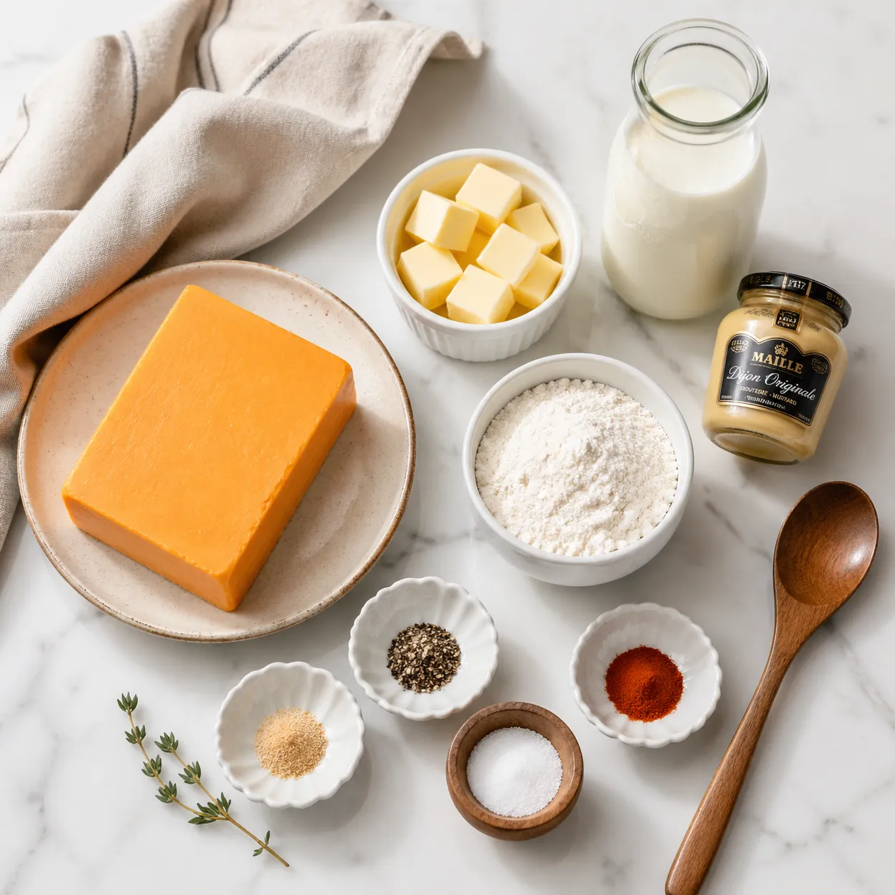 Cheddar cheese sauce recipe ingredients flatlay with butter, flour, milk, and cheese