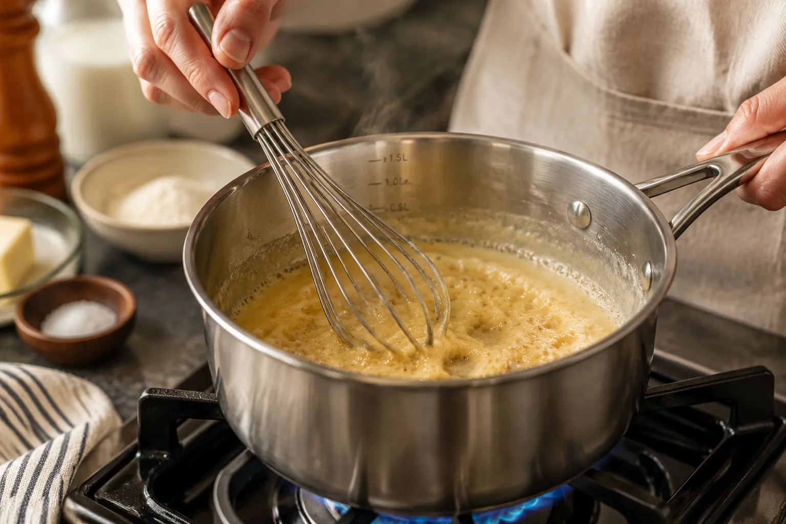 Whisking butter and flour roux to make homemade cheese sauce