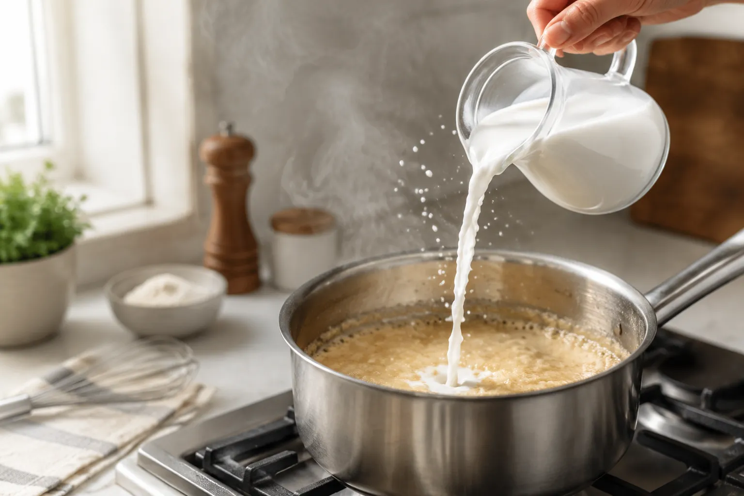 Pouring milk into roux for easy cheese sauce recipe