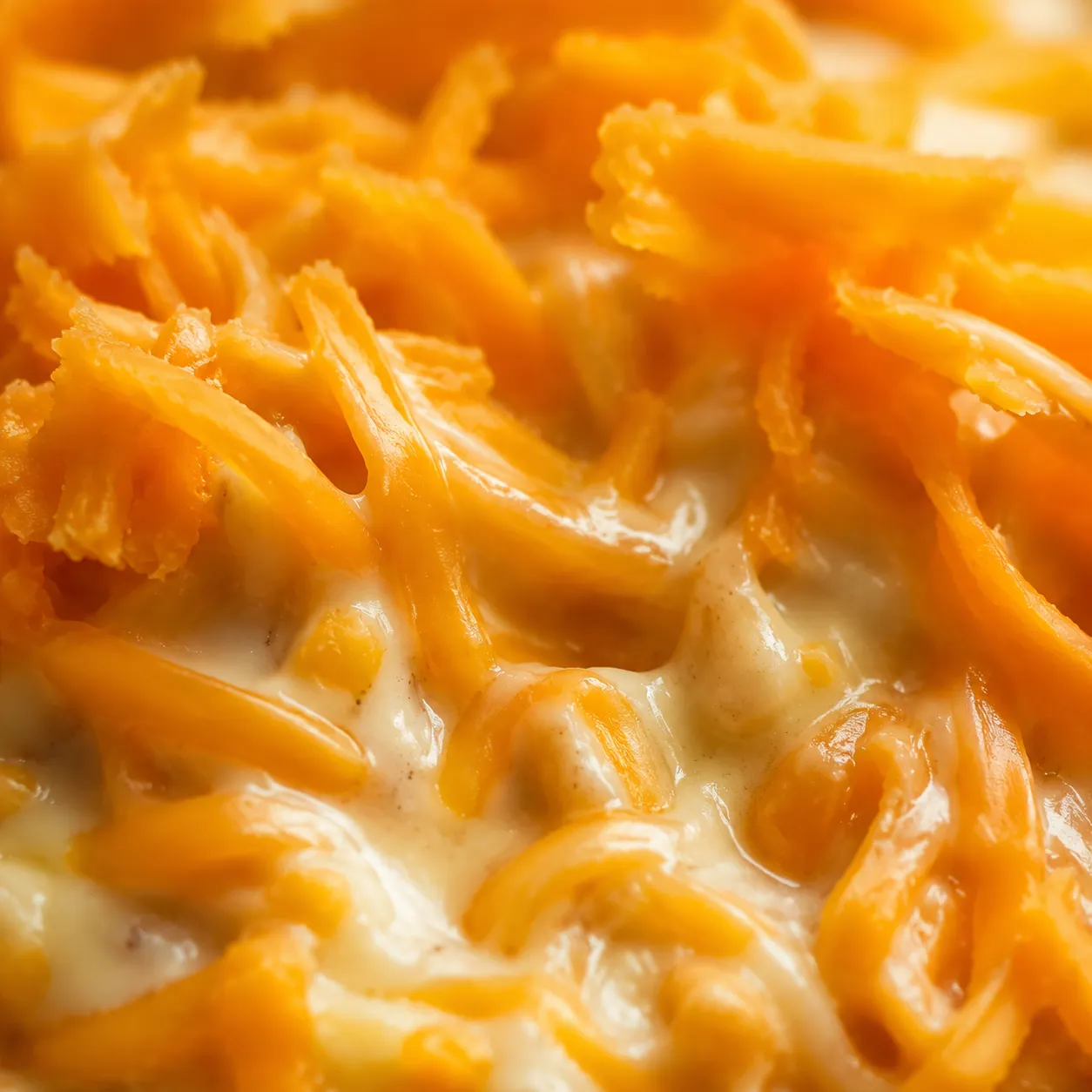 Shredded cheddar melting into milk for smooth cheese sauce