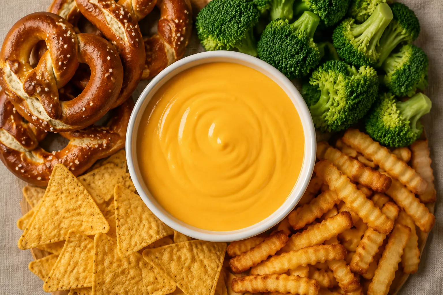 Finished cheddar cheese sauce recipe in a bowl with pretzels and broccoli