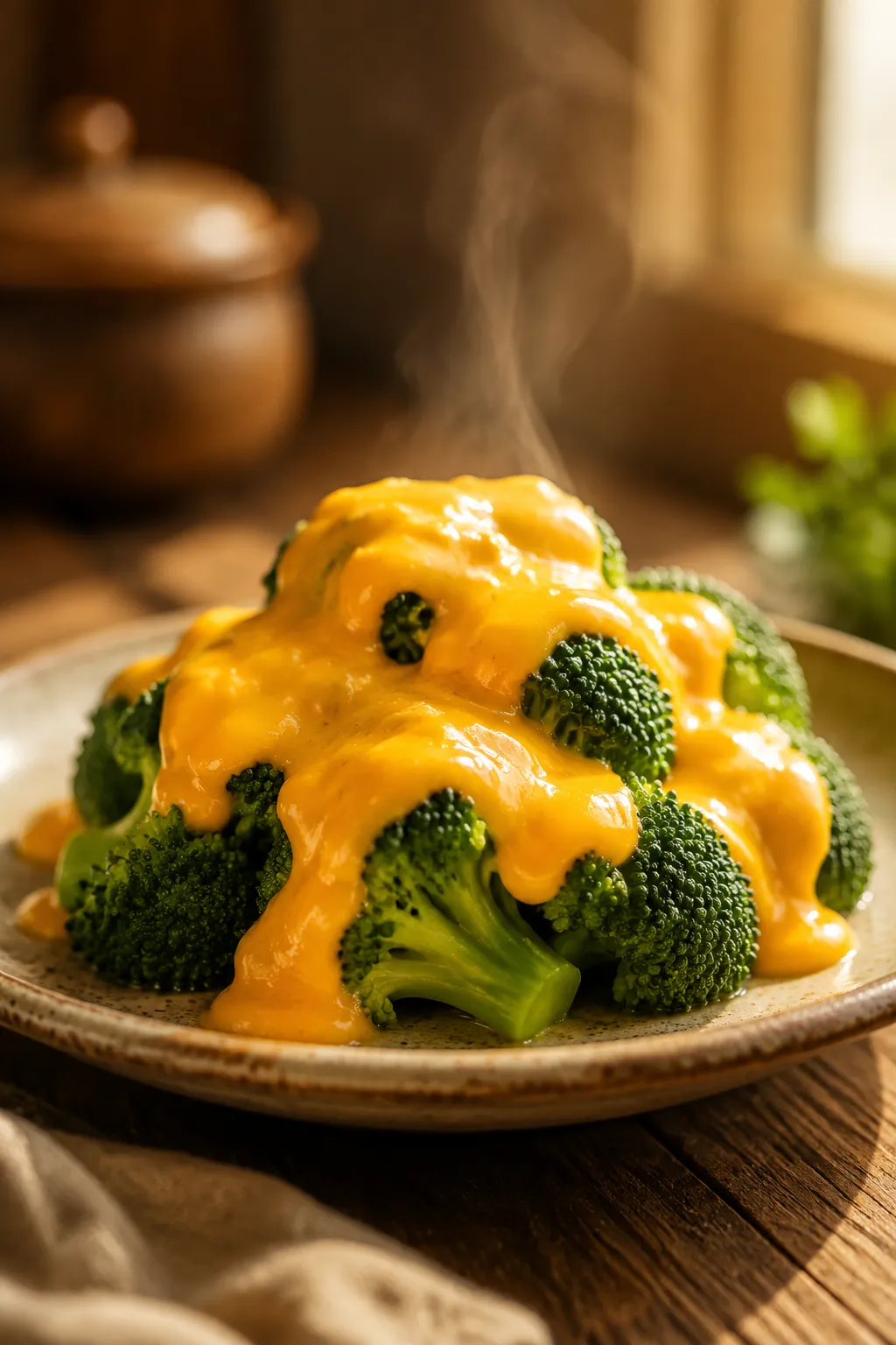 Cheese sauce poured over steamed broccoli serving idea