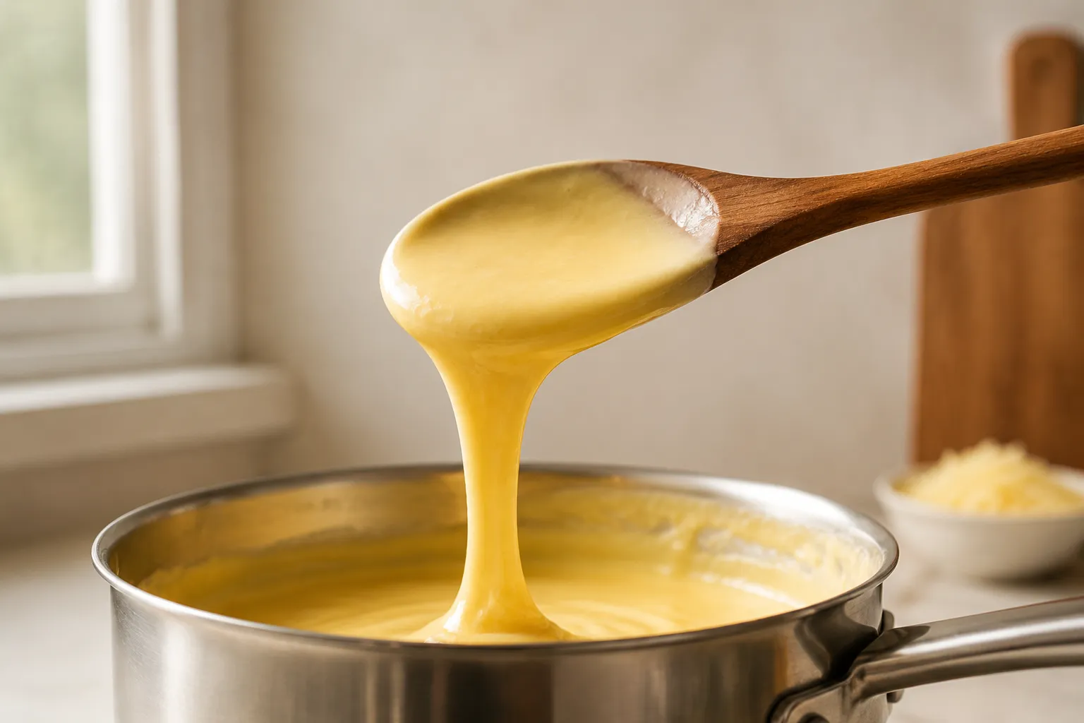 Showing perfect smooth cheese sauce consistency on a wooden spoon