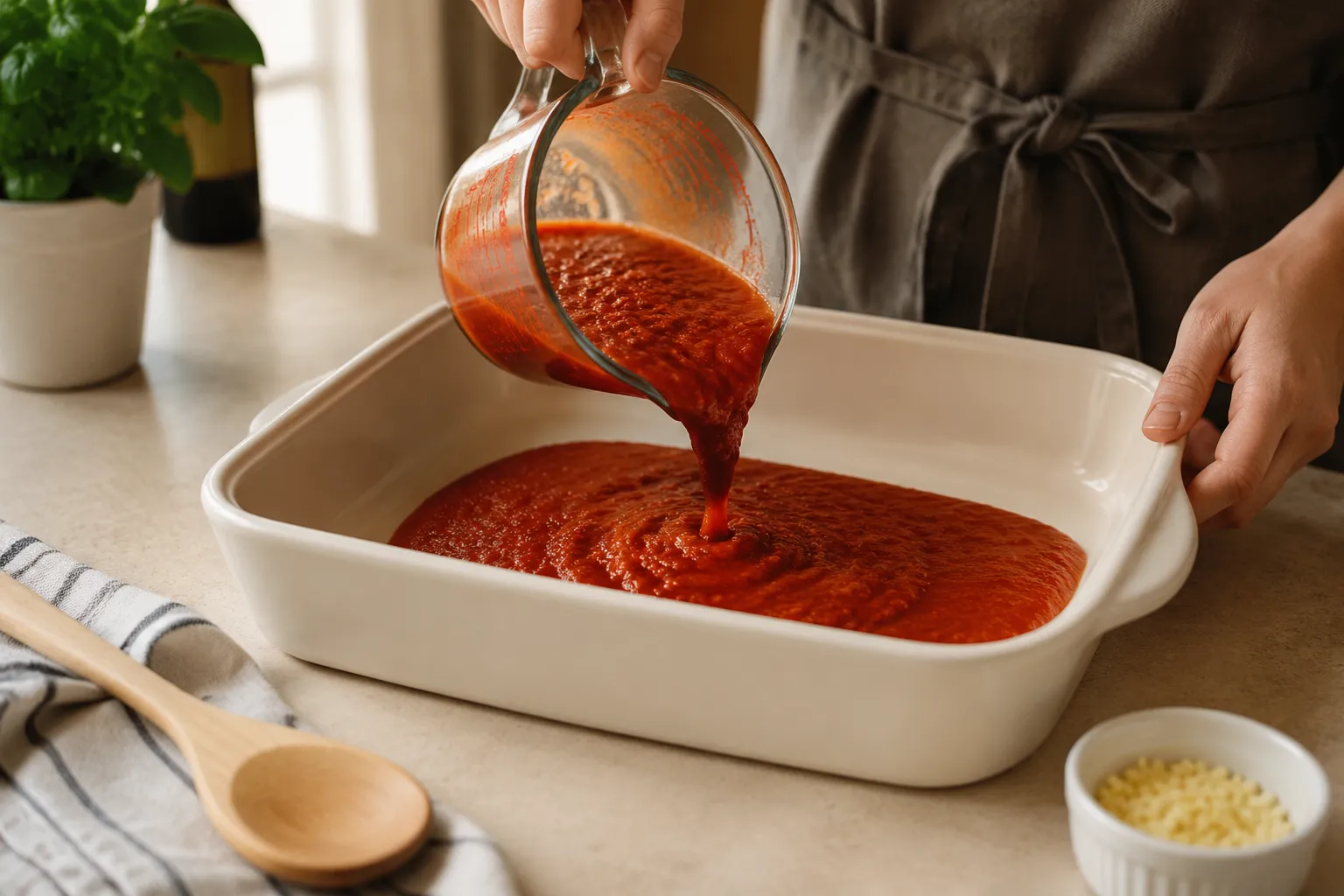Pouring marinara into baking dish for ravioli in ravioli layered pasta bake