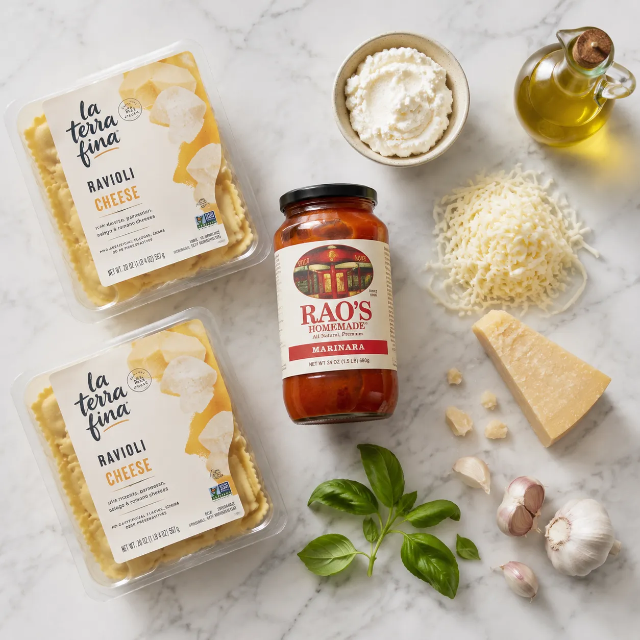 Ingredients flatlay for easy ravioli bake recipe with cheese, marinara, and herbs